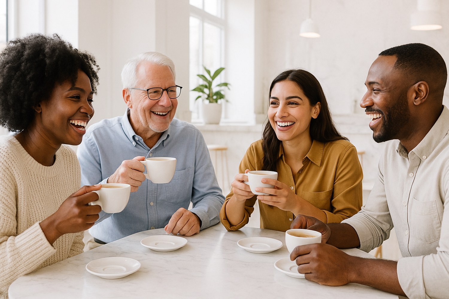 a group of people enjoying coffee- lots of whites and marbles, a bright scene